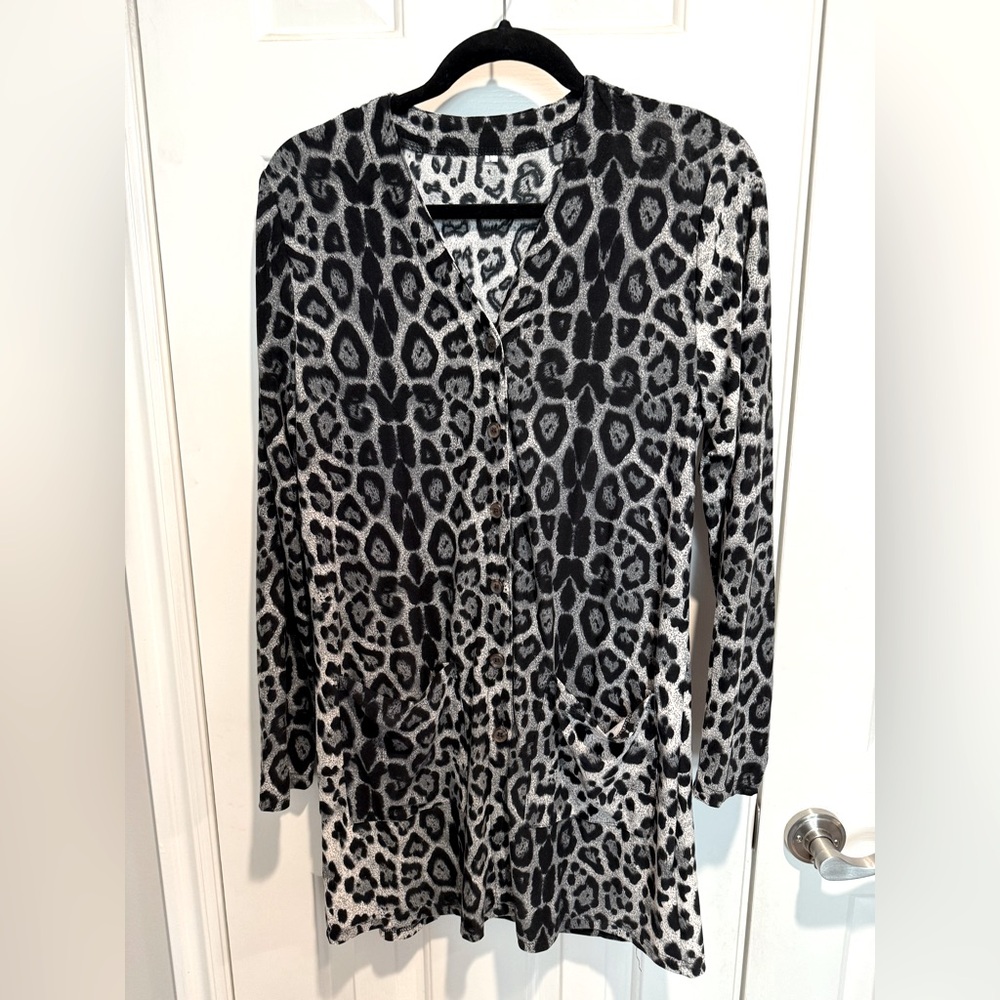 Black gray, and white leopard print long button up cardigan